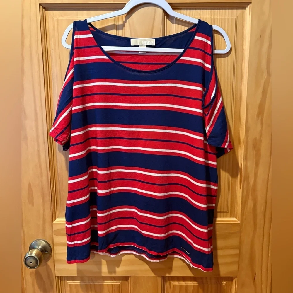 MICHAEL Michael Kors red, white, and navy blue striped cold-shoulder top XL